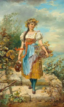 girl with grape basket Hans Zatzka beautiful woman lady Oil Paintings